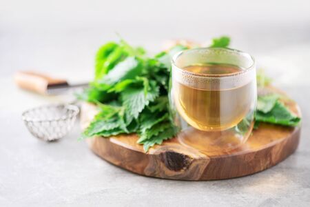 Cup of healthy herbal tea with nettle. Alternative herbal medicine. Stinging nettles, urtica. Skin allergy care. Fresh stinging nettles on grey background.の写真素材