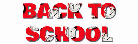 Inscription Back to school made with white alarm clock on red background. Wake up alert concept. Text for your design. Morning routine. Minimalist style design. Packing design. Creative designの写真素材