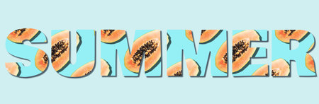 Inscription Summer made with seamless papaya pattern. Tropical abstract background. Creative text and design, minimal concept. Summer tropical travel, exotic papaya fruit. Vegan and vegetarian foodの写真素材