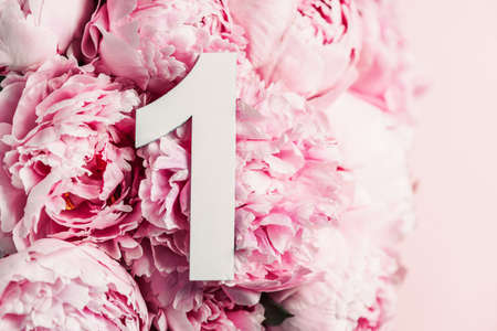 Creative layout. Pink peony flowers and digit one 1. Birthday greeting card. Anniversary concept....