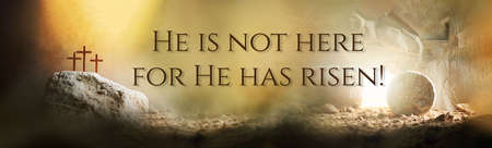 Jesus life chronology. Christian Easter concept. Born to Die, Born to Rise. Three crosses and empty tomb background. Jesus reason for season. Salvation, Messiah, Emmanuel, God with us.の写真素材