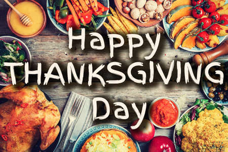 Whole roasted chicken, rice, pumpkin, corn, honey, nuts, vegetable salads. Autumn harvest, organic...