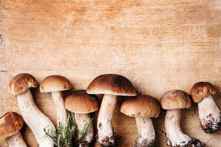 Autumn harvest concept. Fresh picked Porcini mushrooms in basket. Fresh forest boletus mushrooms on wooden background. Top view. Copy space.の写真素材