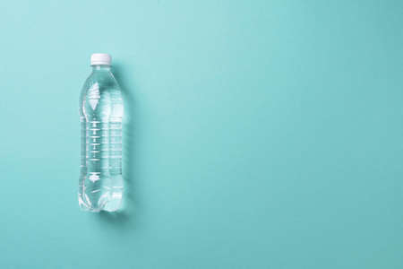 Pure water in bottle for healthy lifestyle. Top view. Copy space. Water balance. World water day. Banner. Pollution, environmental protection concept. Global water crisis and problemsの写真素材
