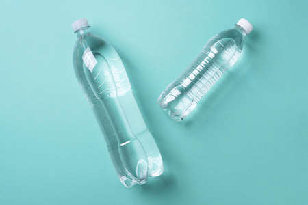 Pure water in bottle for healthy lifestyle. Top view. Copy space. Water balance. World water day. Banner. Pollution, environmental protection concept. Global water crisis and problemsの写真素材