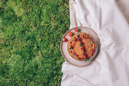Picnic with cake and strawberries outdoors over green grass background. Top view. Copy space. Summer family lunch or party. Picnic with healthy food, accessories. Romantic date, girl partyの写真素材