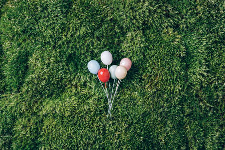 Bunch of colorful balloons on green grass, moss background. Top view. Ecology birthday party conceptの写真素材