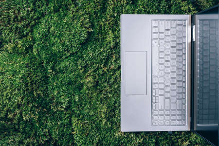 Mindfulness, biophilic design, unplug concept. Computer, laptop keyboard over green grass, moss forest background. Top view. Digital detox. Summer office, work on vacation, freelance conceptの写真素材