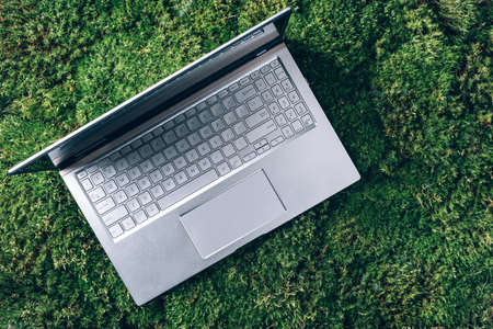 Distance job, freelance work. Remote, home office with laptop on green grass, moss forest background. Ecology travel, work outside office. Mindfulness, biophilic design, unplug concept. Digital detoxの写真素材