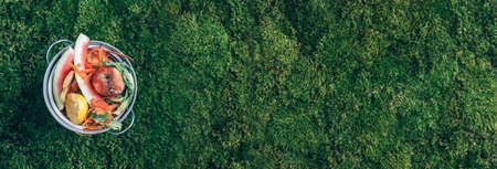 Sustainable and zero waste living. Vegetable waste in recycling compost pot. top view. Copy space. Peeled vegetables in white compost bin on green grass, moss background. Recycle kitchen wasteの写真素材