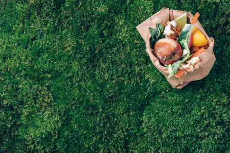 Recycle kitchen waste. Sustainable and zero waste living. Vegetable waste in recycling craft paper bag. top view. Copy space. Peeled vegetables on green grass, moss backgroundの写真素材
