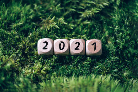 Wooden cube 2021 on green grass, moss background. New year holiday. Top view. Copy space. Ecology,...