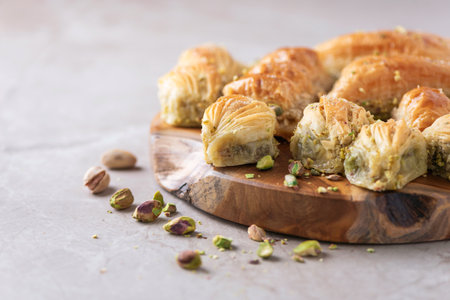 Turkish dessert baklava with pistachios on grey background. Top view. Copy space. Set of assorted traditional eastern desserts. Arabian sweets, turkish delight.の写真素材