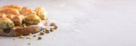 Baklava with pistachios on grey background. Jewish, turkish, arabic traditional national dessert. Macro. Selective focus. Copy space. Eastern sweets, turkish delightの写真素材