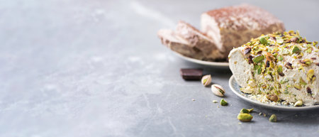 Sesame chocolate halva and halva with pistachios on grey background. Top view. Copy space. Traditional middle eastern sweets. Jewish, turkish, arabic national dessert. Turkish delightの写真素材