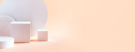 Abstract empty geometric shape podium for product on pastel beige background. Copy space. White cube...