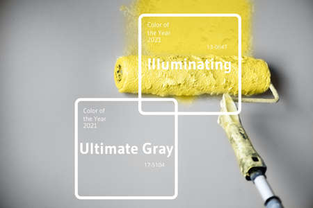 Demonstrating trendy Color of the Year 2021. Illuminating Yellow and Ultimate Gray. Brush and open...