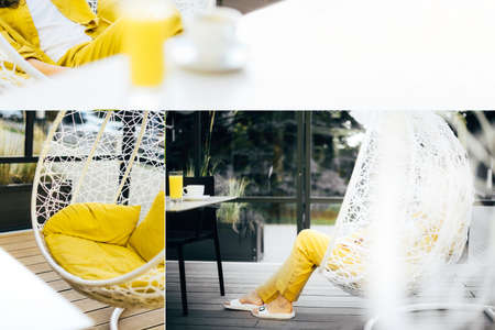 Collage inspired by trendy colors of year 2021. Illuminating yellow and ultimate gray concept. Style design combination. Duotone. Color Psychology. Minimalistic interior. Depression treatmentの写真素材