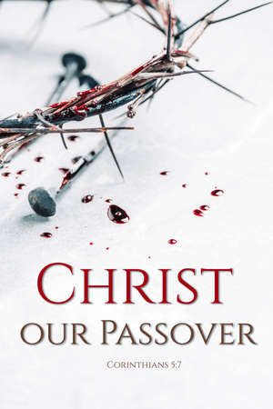 Bloody nails, crown of thorns, drops of blood on grey stone background. Good Friday, Passion of...