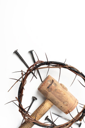Good Friday, Passion of Jesus Christ. Crown of thorns, nails isolated on white background. Christian Easter holiday. Top view, copy space. Crucifixion, resurrection of Jesus Christ. Gospel, salvationの写真素材