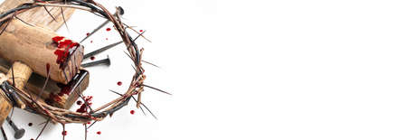 Good Friday, Passion of Jesus Christ. Crown of thorns and bloody nails isolated on white. Christian Easter holiday. Top view, copy space. Crucifixion, resurrection of Jesus Christ. Gospel, salvationの写真素材