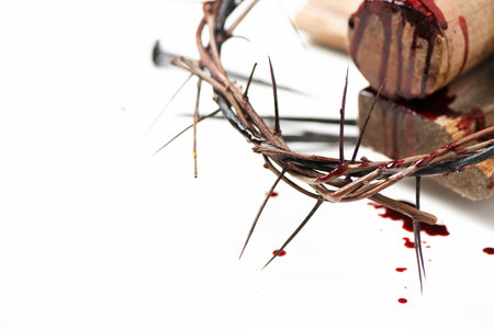 Good Friday, Passion of Jesus Christ. Crown of thorns, hammer, old nail isolated on white. Christian Easter holiday. Top view, copy space. Crucifixion, resurrection of Jesus Christ. Gospel, salvationの写真素材