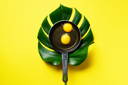 Organic egg in pan over monstera leaf on yellow background. Minimalistic food concept. Top view. Creative layoutの写真素材