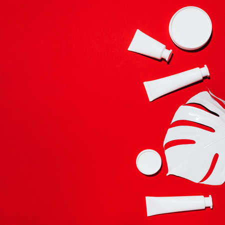 White bottles of skin care creams, monstera leaf over red background with copy space. Top view. Flat lay. Cosmetics, beauty, body treatment conceptの写真素材