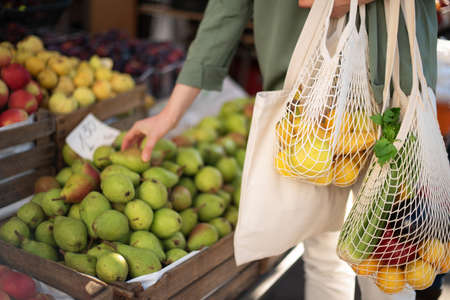 Woman chooses fruits and vegetables at farmers market. Zero waste, plastic free concept. Sustainable lifestyle. Reusable cotton and mesh eco bags for shopping.の写真素材