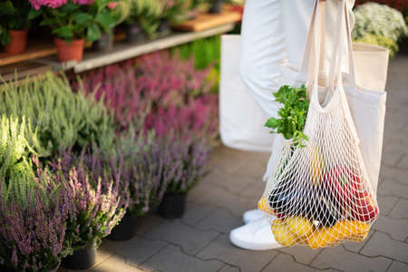 Zero waste concept with copy space. Woman holding cotton shopper and reusable mesh shopping bags with vegetables, products. Eco friendly mesh shopper. Zero waste, plastic free concept.の写真素材