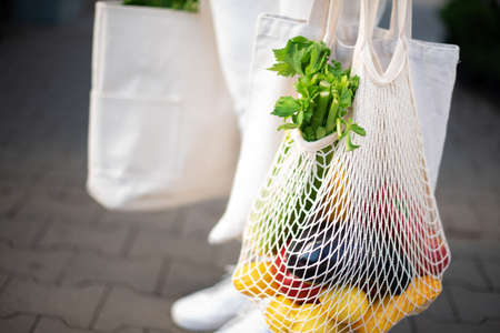 Girl holding mesh shopping bag and cotton shopper with vegetables without plastic bags at farmers market. Zero waste, plastic free concept. Sustainable lifestyle. Banner.の写真素材