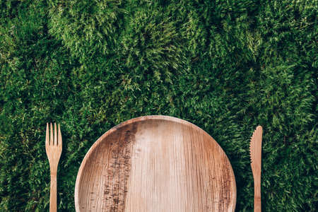 Wooden disposable tableware from natural materials, wooden spoon, fork on green moss background. Eco-friendly sustainable lifestyle. Zero waste picnicの写真素材