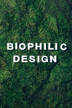 Biophilic design - white letters on green moss, grass background. Top view, copy space. Biophilia conceptの写真素材