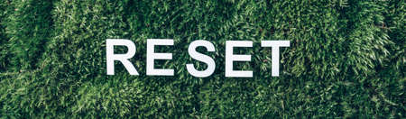 Word Reset on moss, green grass background. Top view. Copy space. Banner. Biophilia concept. Nature backdrop. Mental reset, digital detoxの写真素材
