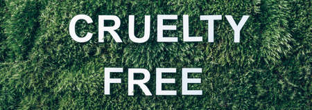 Inscription Cruelty Free on moss, green grass background. Top view. Copy space. Banner. Biophilia concept. Nature backdropの写真素材