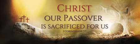 Jesus life chronology. Christian Easter concept. Born to Die, Born to Rise. Three crosses and empty tomb background. Jesus reason for season. Salvation, Messiah, Emmanuel, God with us.の写真素材