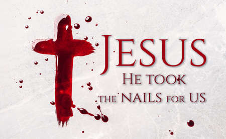 Christian cross painted with red blood on stone background. Copy space. Good friday. Passion,...