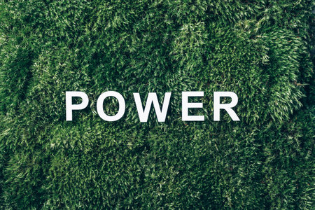 Word POWER on moss, green grass background. Top view. Copy space. Banner. Biophilia concept. Nature backdrop. Green energyの写真素材
