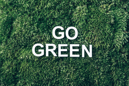 Inscription Go green on moss, green grass background. Top view. Copy space. Banner. Biophilia concept. Nature backdropの写真素材