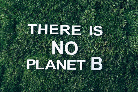 Inscription There Is No Planet B on moss, green grass background. Top view. Copy space. Banner. Biophilia concept. Nature backdropの写真素材