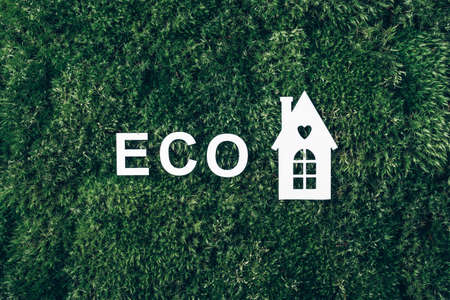 Little eco house on green grass, inscription Eco over moss backdrop. Top view. Copy space. Banner. Biophilia concept. Nature concept, eco friendly lifestyleの写真素材