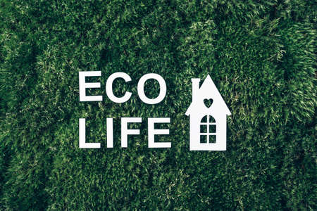 White house model on green grass, inscription Eco life over moss backdrop. Top view. Copy space. Banner. Biophilia concept. Nature concept, eco friendly lifestyleの写真素材