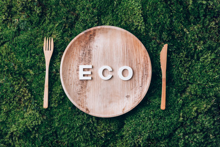 Wooden disposable tableware from natural materials with word ECO, wooden spoon, fork on green moss background. Eco-friendly sustainable lifestyle. Zero waste picnicの写真素材
