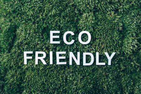 Inscription Eco friendly on moss, green grass background. Top view. Copy space. Banner. Biophilia concept. Nature backdropの写真素材