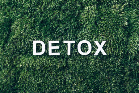 Word Detox on moss, green grass background. Top view. Copy space. Banner. Biophilia concept. Nature backdrop. Digital Detox. Free of Electronic Devicesの写真素材