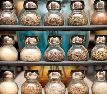 Various Spices on Wooden Rackの写真素材