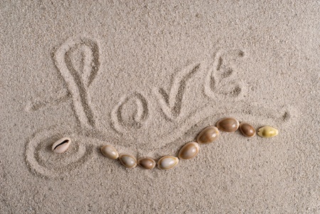 Love Written on Sand with Sea Shellsの写真素材