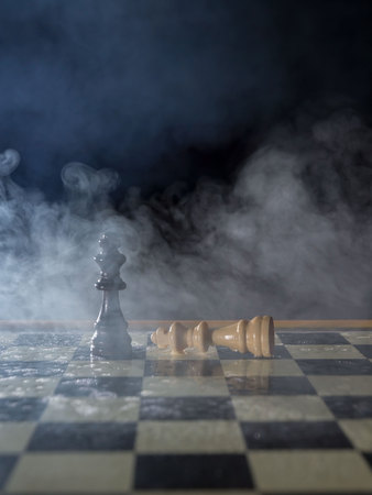 Chess figures on a dark background with smoke and fog. Lose and win concept. Selective focusの写真素材