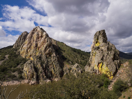Jump of the gypsy, Tajo river, Monfrague national park, Caceres, Spain.の写真素材