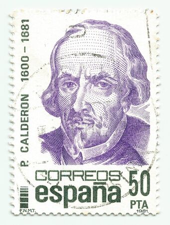 SPAIN - CIRCA 1981: A stamp printed in Spain shows dramatist Pedro Calderon de la Barca, circa 1981.のeditorial素材